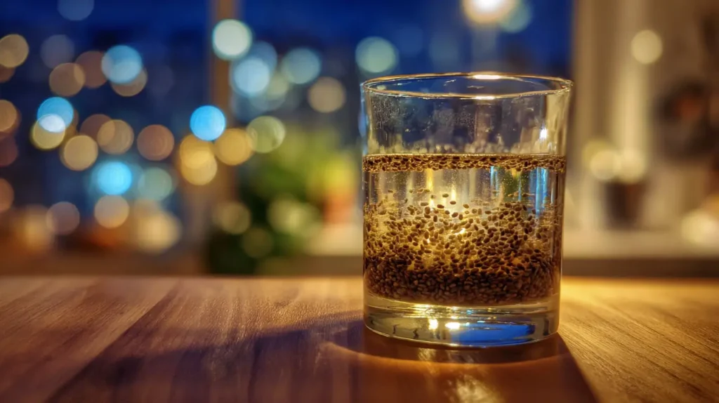 agua con chía en la noche antes de dormir en vaso de vidrio