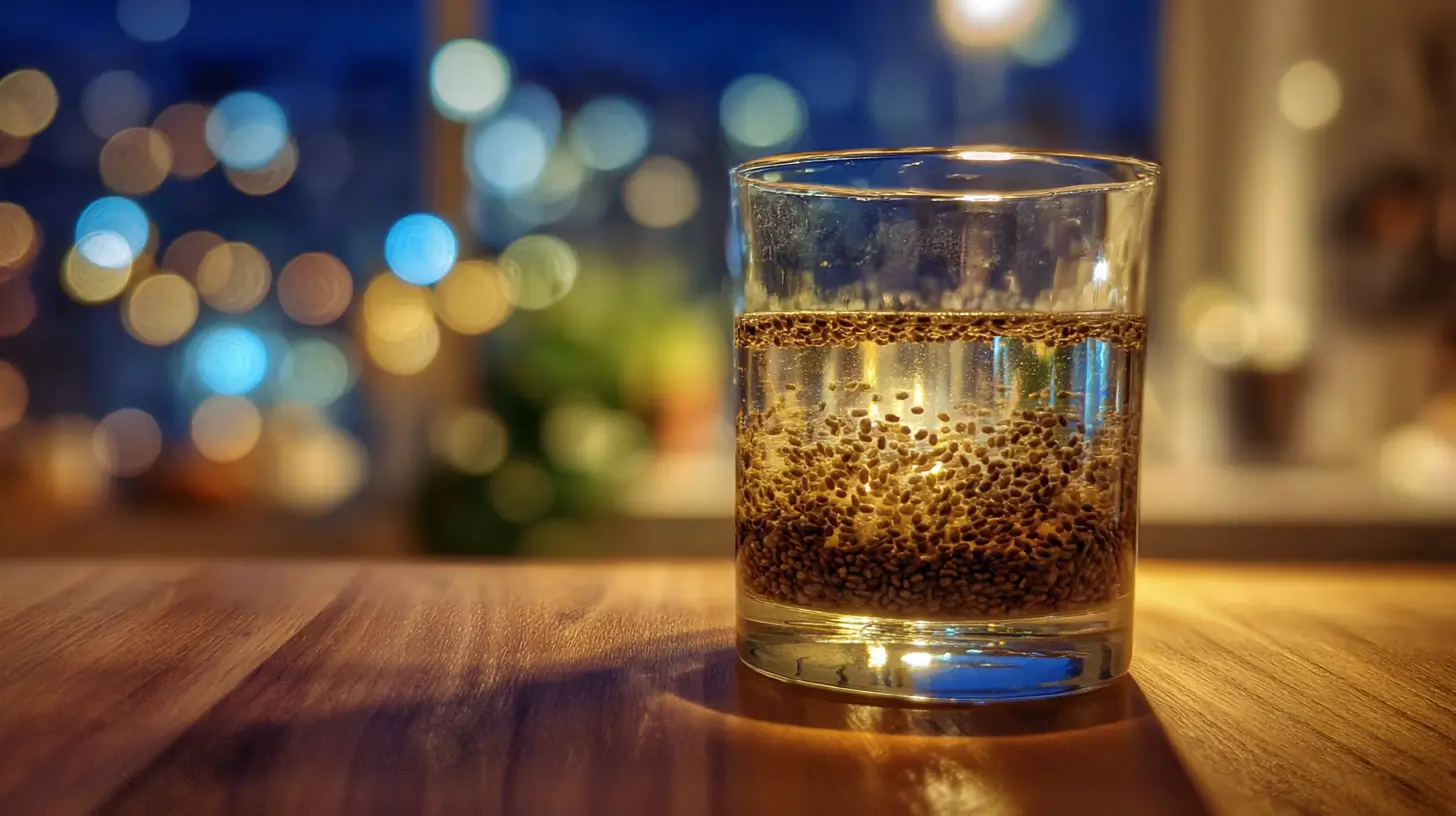 agua con chía en la noche antes de dormir en vaso de vidrio