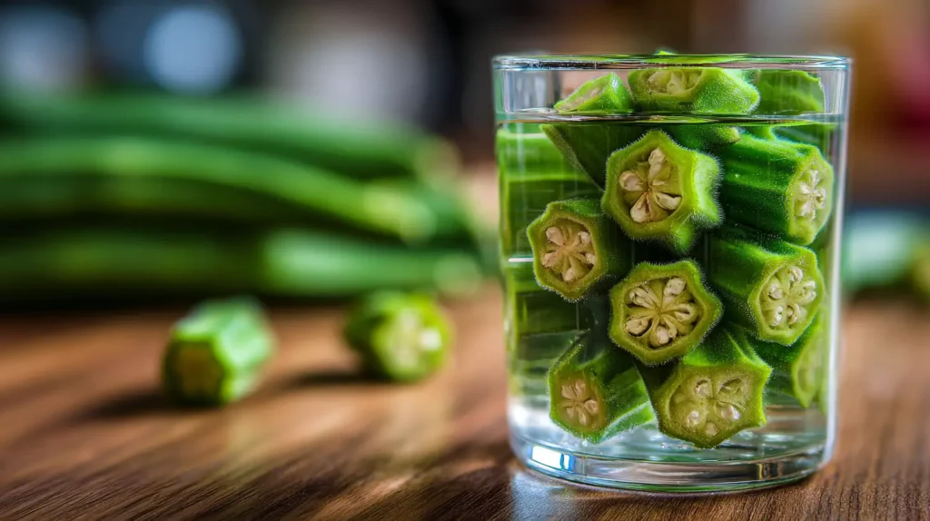 agua de okra para bajar de peso en vaso de vidrio sobre mesa