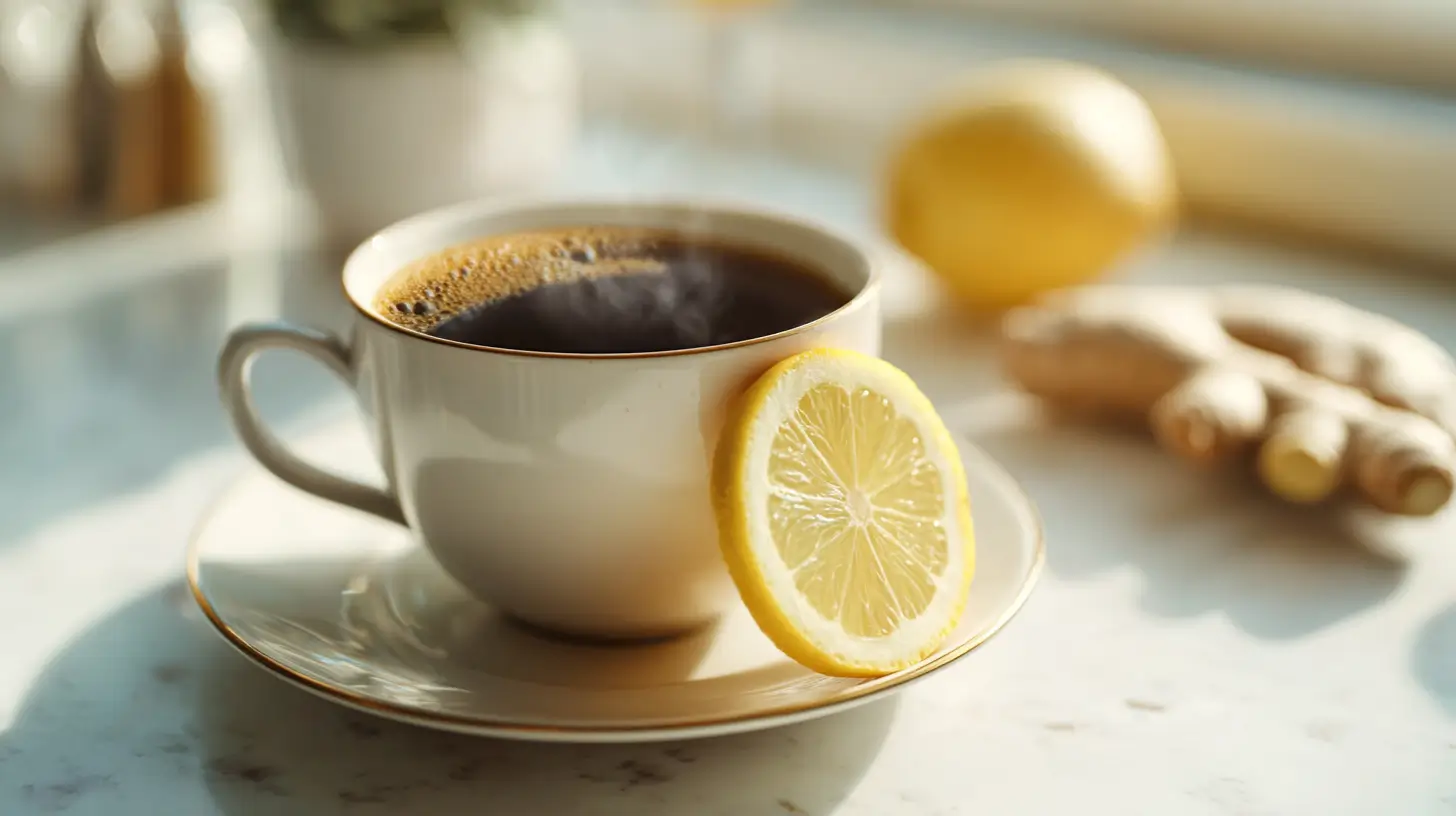 café con jengibre y limón en ayunas servido en taza blanca