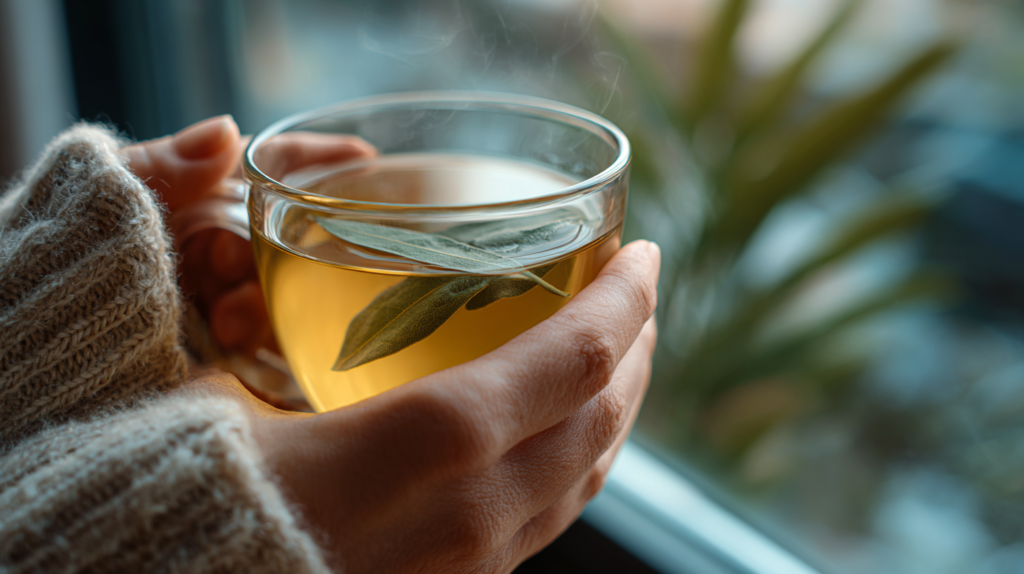 Persona sosteniendo té de laurel para la digestión