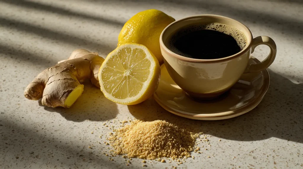 ingredientes para café con jengibre y limón en ayunas