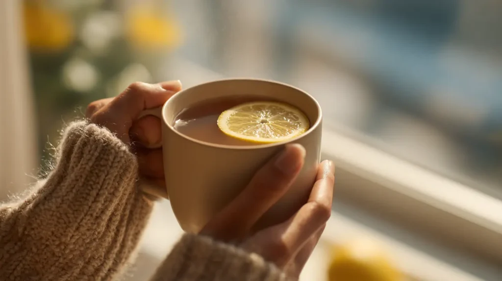 persona tomando café con jengibre y limón en ayunas