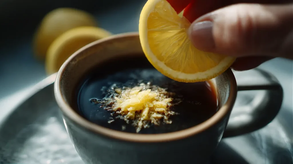 preparación de café con jengibre y limón en ayunas