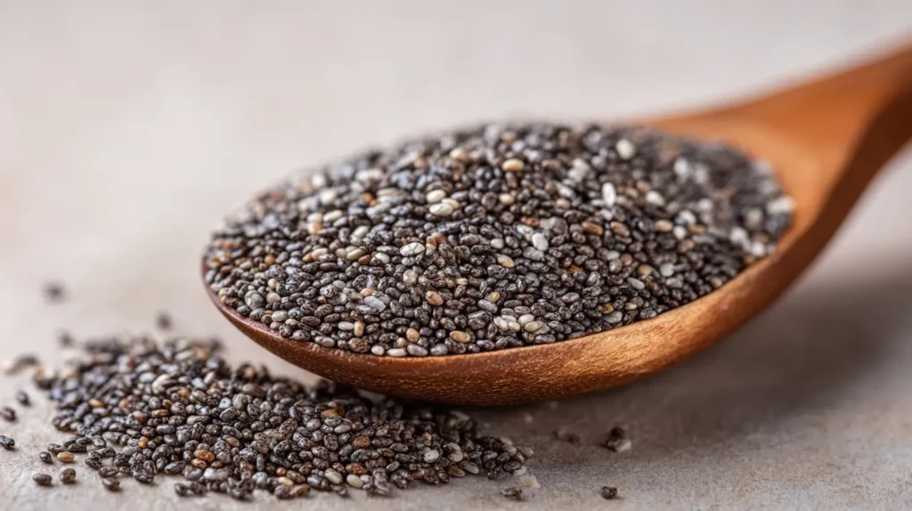 semillas de chía en la noche en cuchara de madera