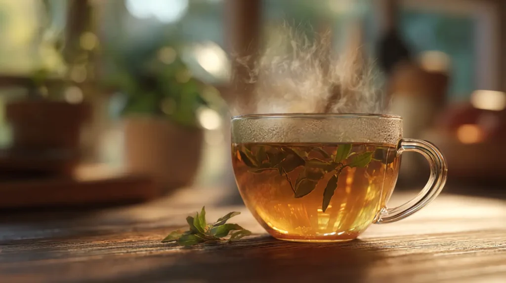 Té de laurel para la digestión en taza blanca con hojas visibles