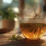 Té de laurel para la digestión en taza blanca con hojas visibles