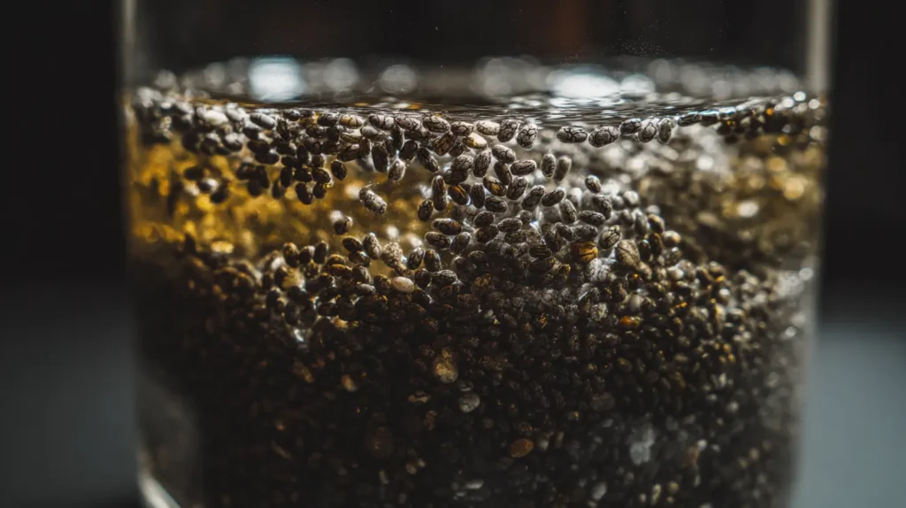 vaso de agua con semillas de chía hidratadas