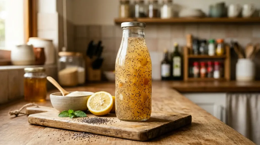 Botella de drinking jelly o gelatina coreana preparada con semillas de chía, limón y grenetina sin sabor