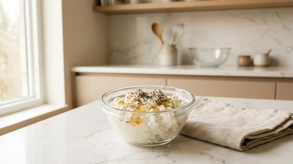 Snack saludable nocturno: requesón con semillas de chía y miel sobre encimera de cuarzo blanco en cocina moderna