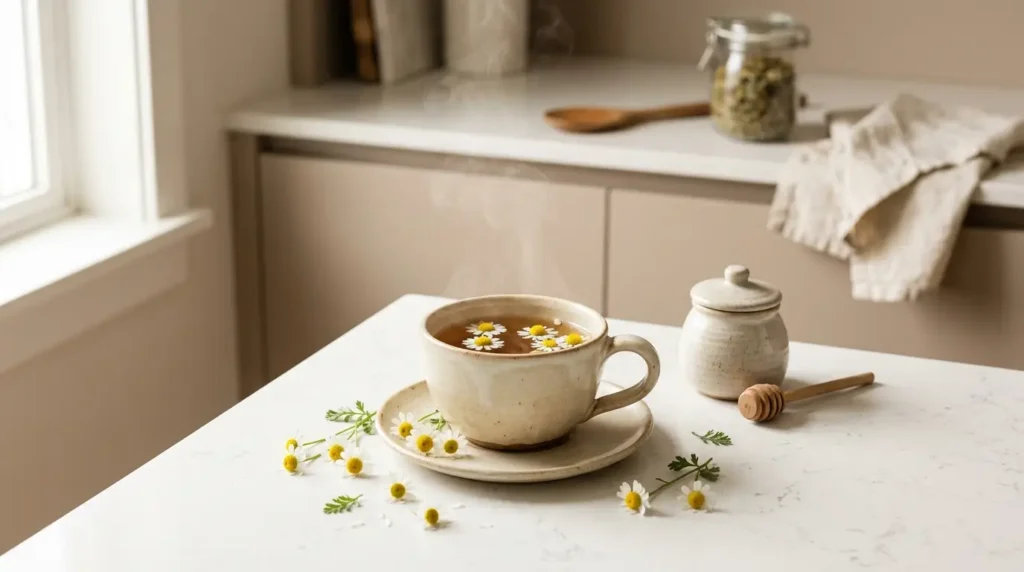 infusión de manzanilla en taza de cerámica sobre encimera de cocina