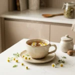infusión de manzanilla en taza de cerámica sobre encimera de cocina