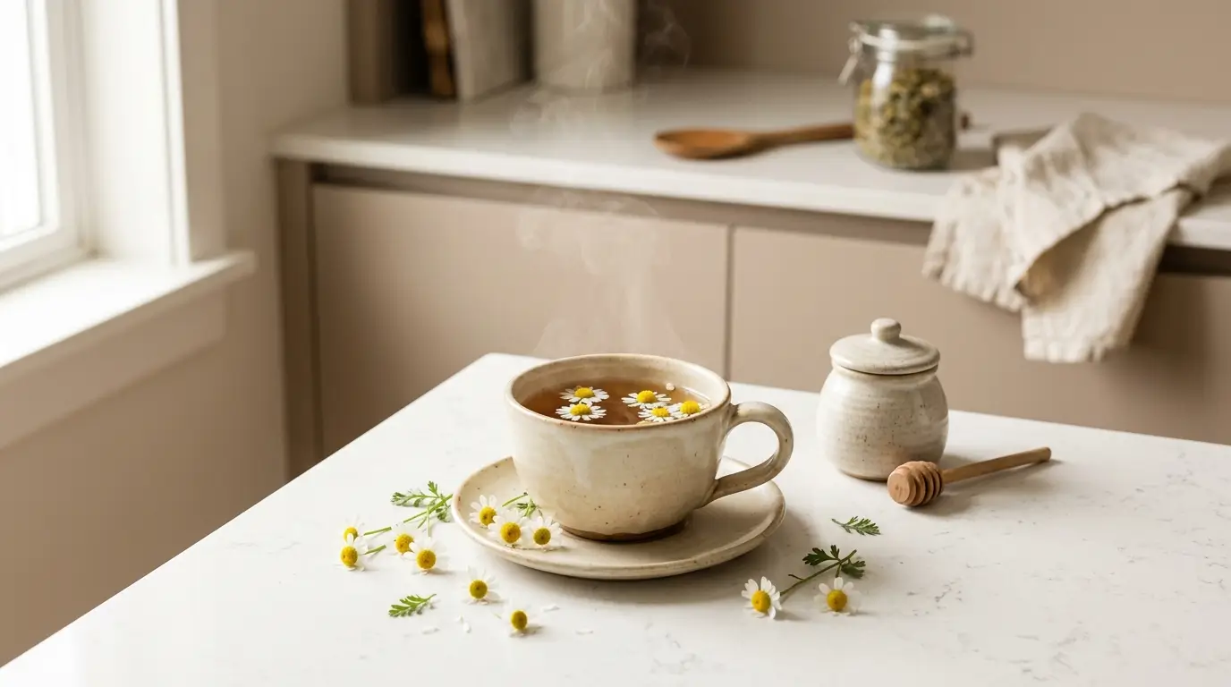 infusión de manzanilla en taza de cerámica sobre encimera de cocina