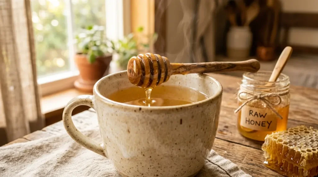 Taza de agua tibia con miel dorada y cuchara de madera con miel sobre mesa de cocina con luz matutina cálida