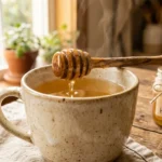 Taza de agua tibia con miel dorada y cuchara de madera con miel sobre mesa de cocina con luz matutina cálida