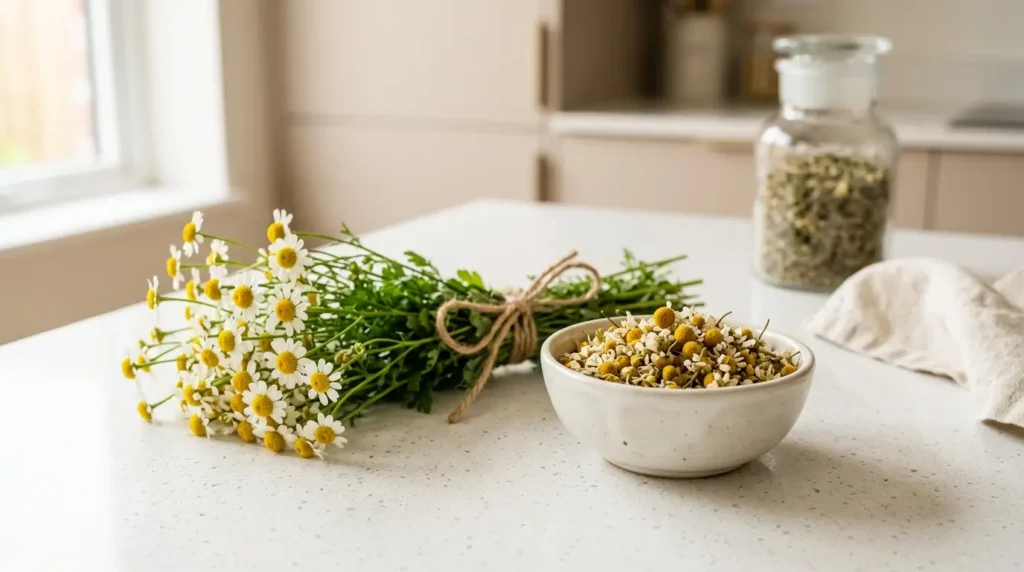 flores de manzanilla secas y frescas sobre encimera de cuarzo blanco