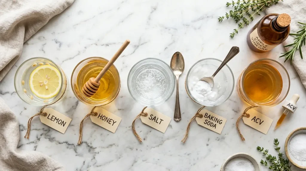 Cinco combinaciones populares de agua tibia con limón, miel, sal, bicarbonato y vinagre de manzana