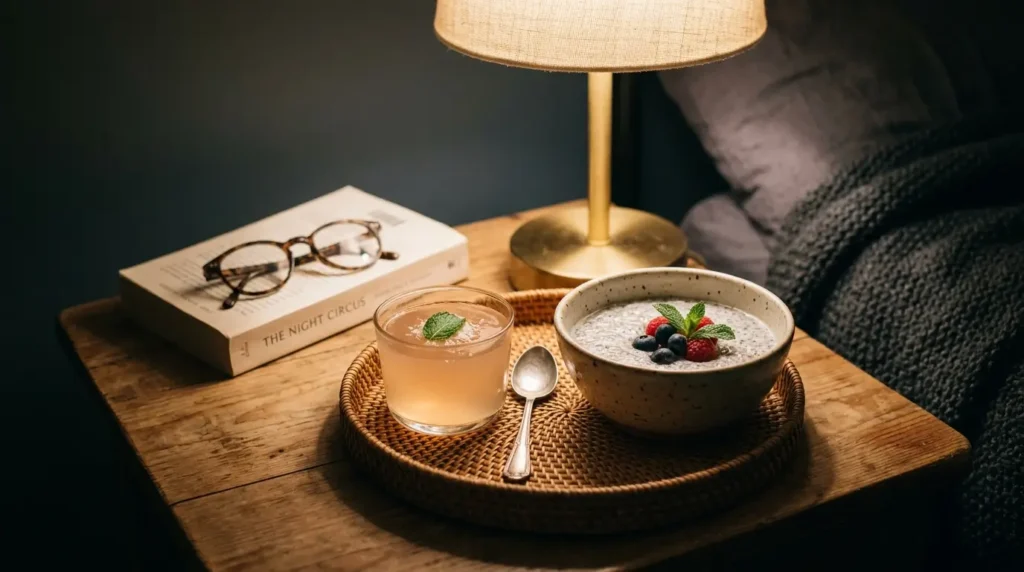 Snacks nocturnos saludables para bajar de peso: gelatina sin azúcar y pudding de chía sobre mesita de noche