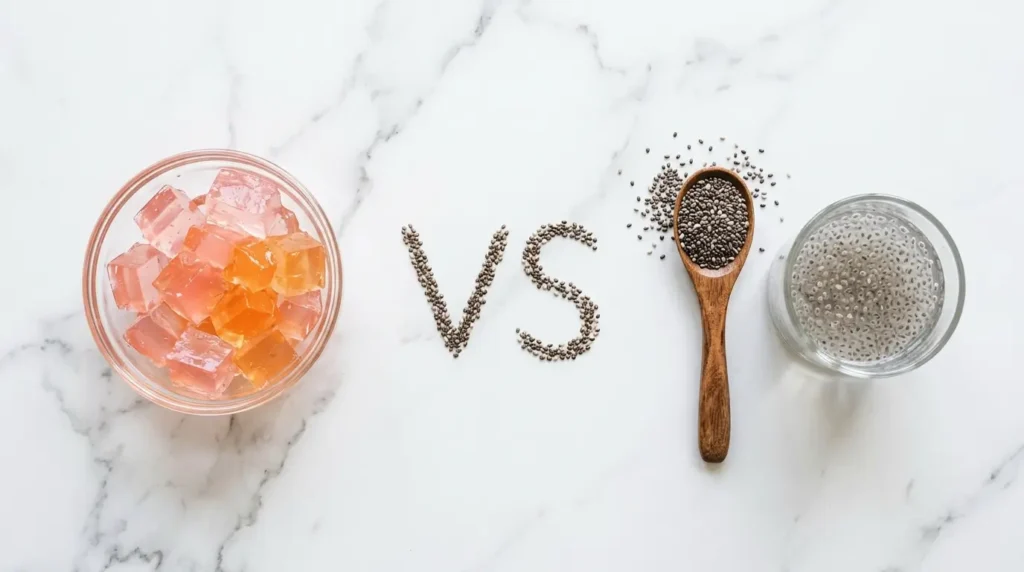Comparación visual de semillas de chía y gelatina sin azúcar para bajar de peso sobre una mesa de mármol blanco