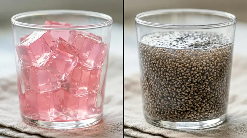 Vaso de gelatina sin azúcar junto a vaso de agua con chía hidratada mostrando sus diferentes texturas saciantes