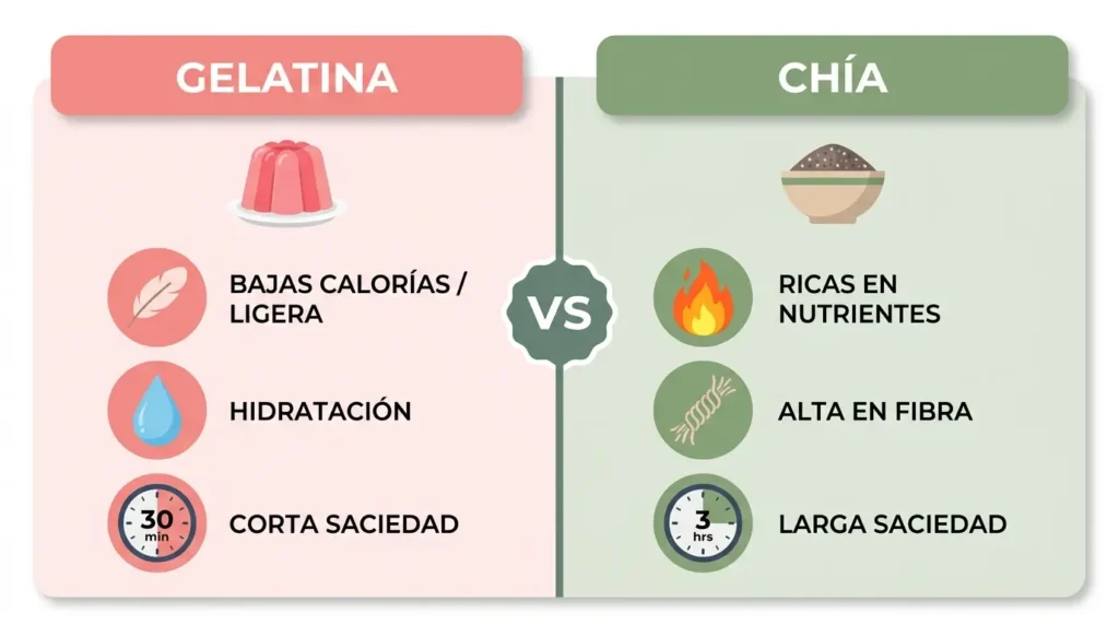 Infografía comparativa entre chía y gelatina para adelgazar mostrando calorías, saciedad, fibra y nutrientes de cada uno