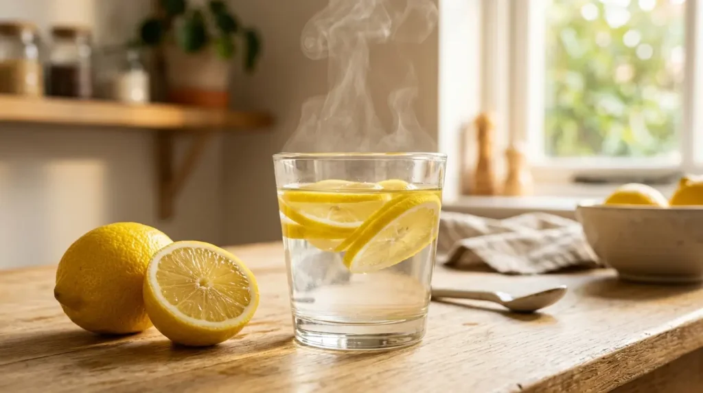 Vaso de agua tibia con rodajas de limón fresco y vapor suave sobre mesa de cocina con luz natural matutina