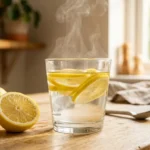 Vaso de agua tibia con rodajas de limón fresco y vapor suave sobre mesa de cocina con luz natural matutina