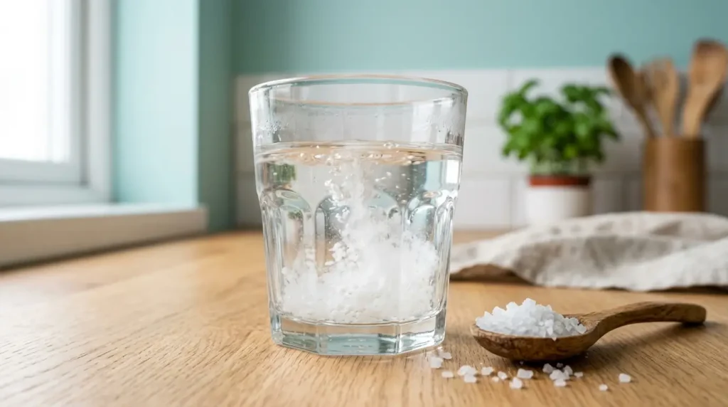Vaso de agua tibia con sal marina gruesa disolviéndose y cuchara de madera con cristales de sal al lado
