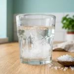 Vaso de agua tibia con sal marina gruesa disolviéndose y cuchara de madera con cristales de sal al lado