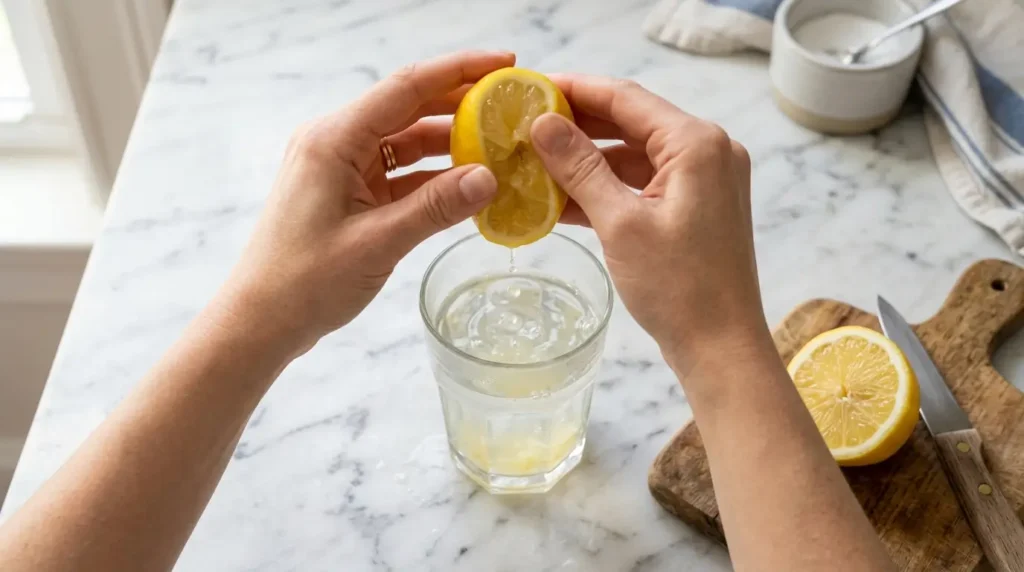 Manos exprimiendo medio limón fresco en un vaso de agua tibia sobre encimera de mármol blanco