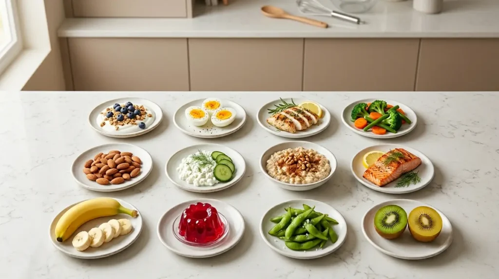 Los 12 mejores alimentos ligeros para cenar en la noche sin engordar presentados en platos sobre encimera de cuarzo blanco