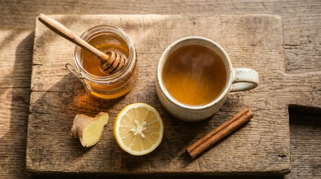 Flat lay de tarro de miel cruda con cuchara de madera, taza de agua tibia, limón, canela y jengibre sobre tabla de madera rústica