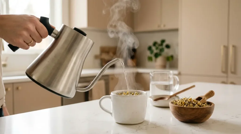 preparación infusión manzanilla paso a paso calentar agua en cocina