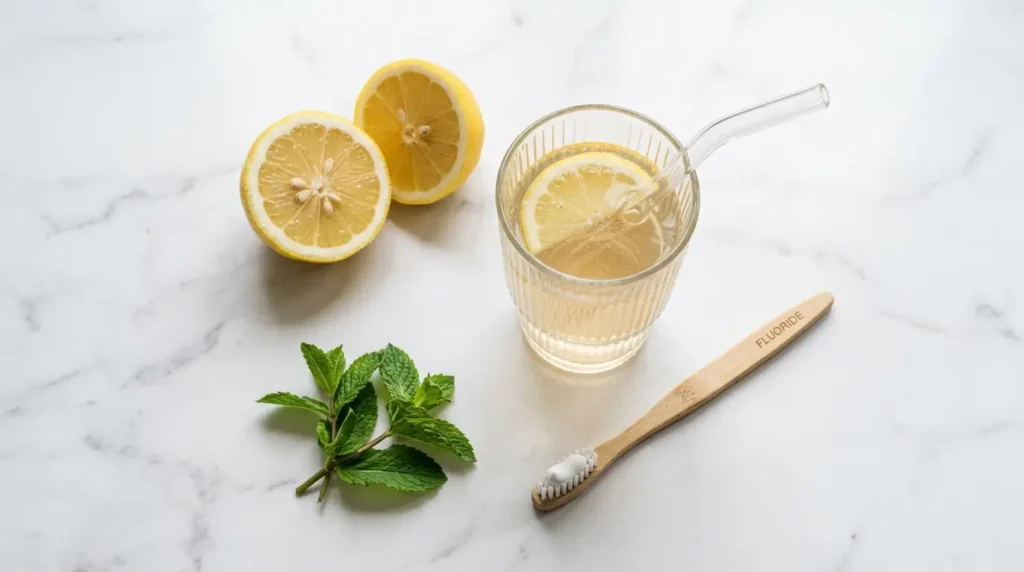 Flat lay de limón cortado, vaso de agua tibia con limón, pajita de vidrio, cepillo de dientes de bambú y menta fresca sobre superficie de mármol blanco.