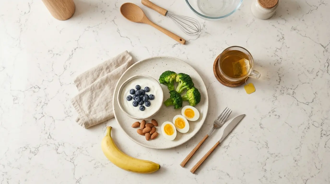 Alimentos saludables para cenar en la noche y bajar de peso: yogur, huevo, brócoli, almendras y manzanilla sobre encimera de cuarzo blanco en cocina moderna