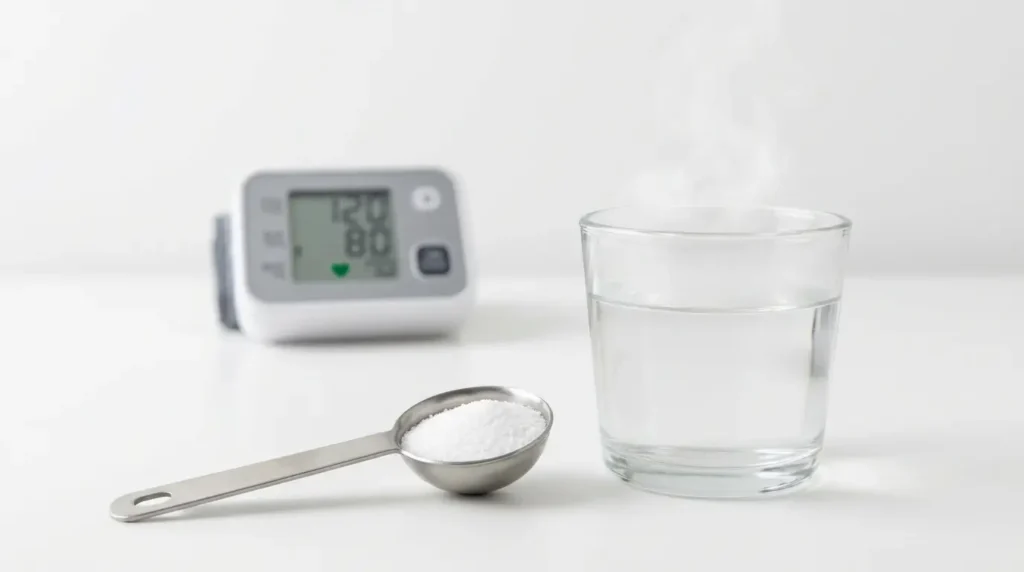 Cucharadita medidora con media cucharadita de sal junto a vaso de agua tibia y símbolo de precaución para hipertensos