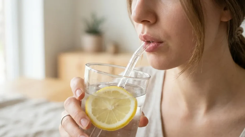 Persona bebiendo agua con limón a través de una pajita de vidrio reutilizable para proteger el esmalte dental del ácido cítrico