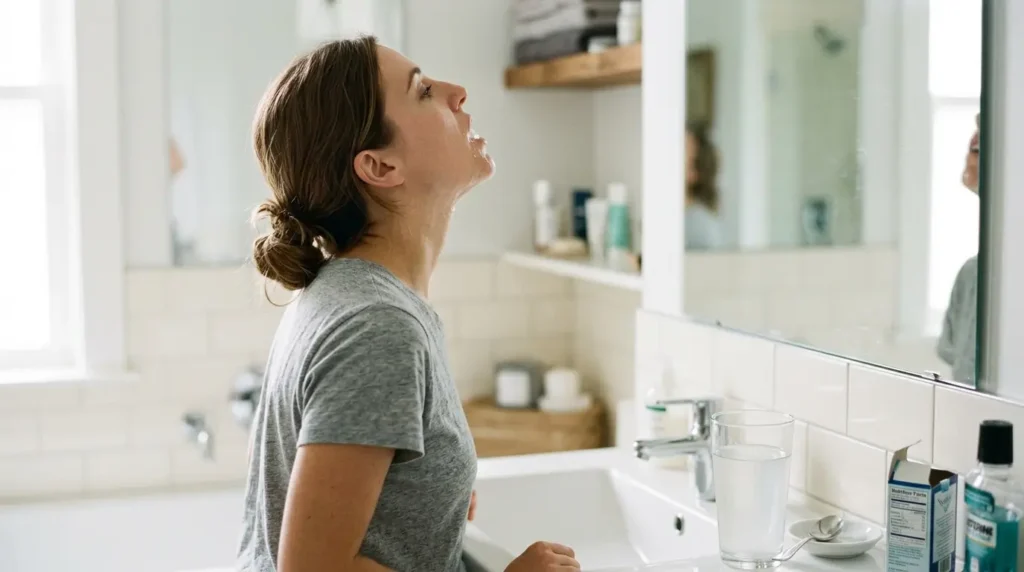 Persona haciendo gárgaras con agua tibia con sal frente a espejo de baño con vaso de agua salada en la encimera