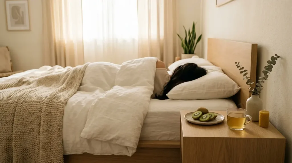 Relación entre sueño y pérdida de peso: escena nocturna minimalista con alimentos ligeros antes de dormir en paleta crema y beige