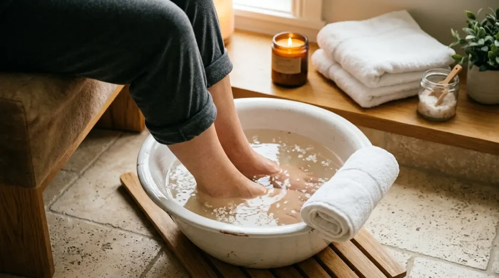 Baño de pies en agua tibia con sal para desinflamar y relajar después de un largo día