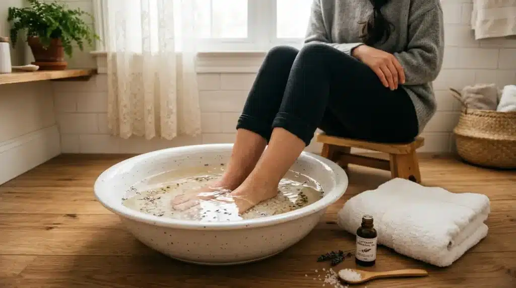 Pies sumergidos en recipiente blanco con agua tibia y sal marina gruesa visible en el fondo en ambiente de spa casero