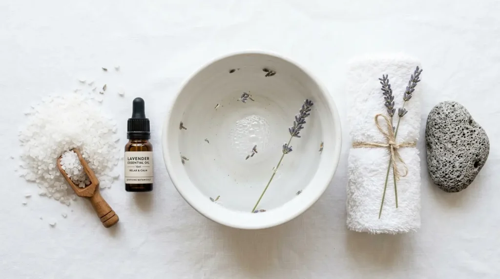 Flat lay de sal marina gruesa, recipiente con agua tibia, toalla blanca, aceite esencial de lavanda y piedra pómez sobre superficie blanca