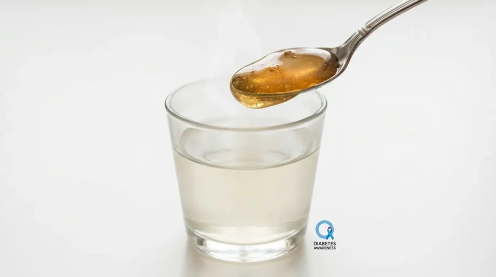 Cucharada de miel dorada sobre vaso de agua tibia con símbolo de precaución para personas con diabetes