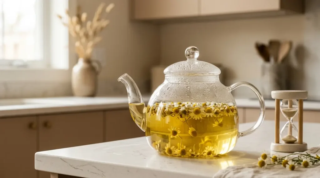 infusión de manzanilla reposando en tetera de vidrio en cocina