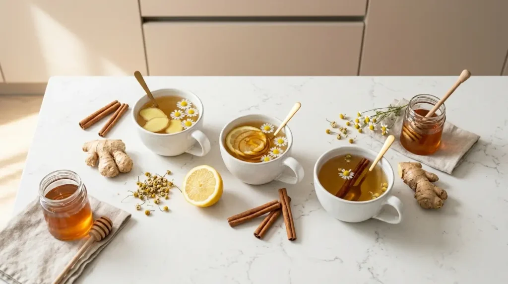 tres variantes de infusión de manzanilla con jengibre limón y canela