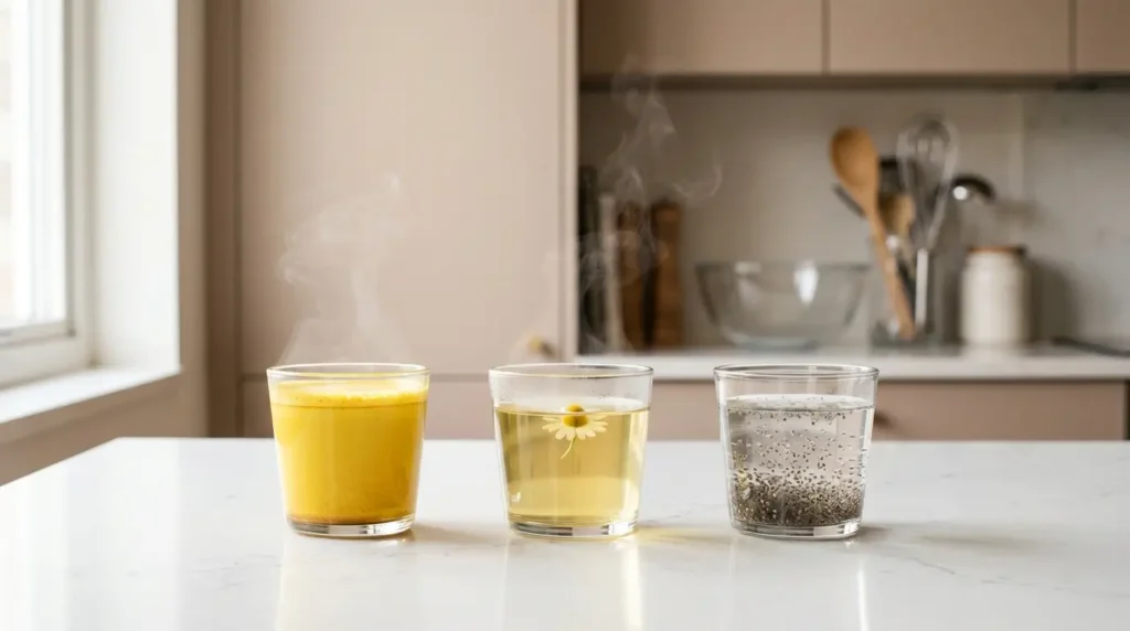 Bebidas para tomar en la noche para bajar de peso: leche dorada, manzanilla y agua de chía sobre encimera de cuarzo blanco