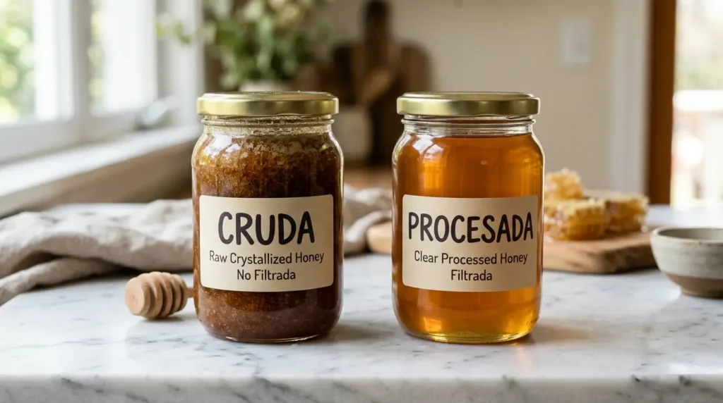 Comparación visual entre miel cruda oscura cristalizada y miel procesada clara en dos tarros de vidrio sobre mármol