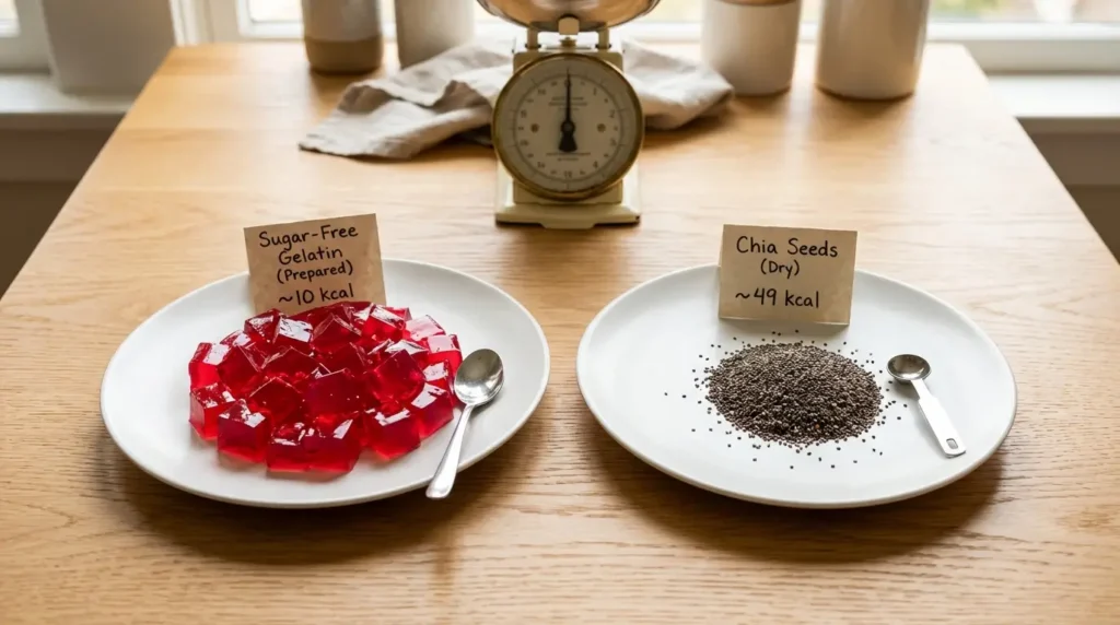 Comparación de calorías por porción entre gelatina sin azúcar (10 kcal) y una cucharada de semillas de chía (49 kcal)