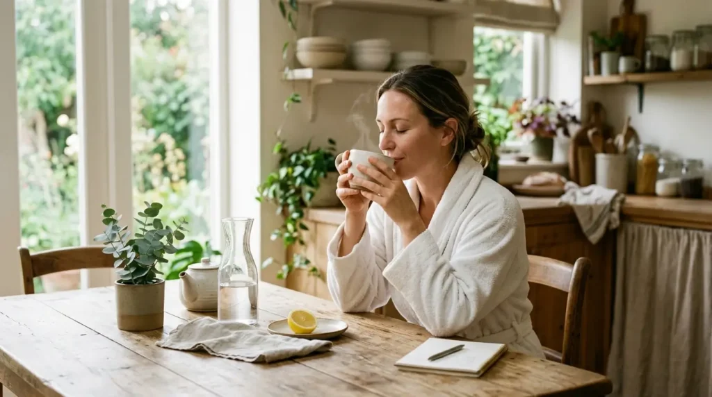 Mujer relajada tomando agua tibia en ayunas por la mañana para mejorar su bienestar
