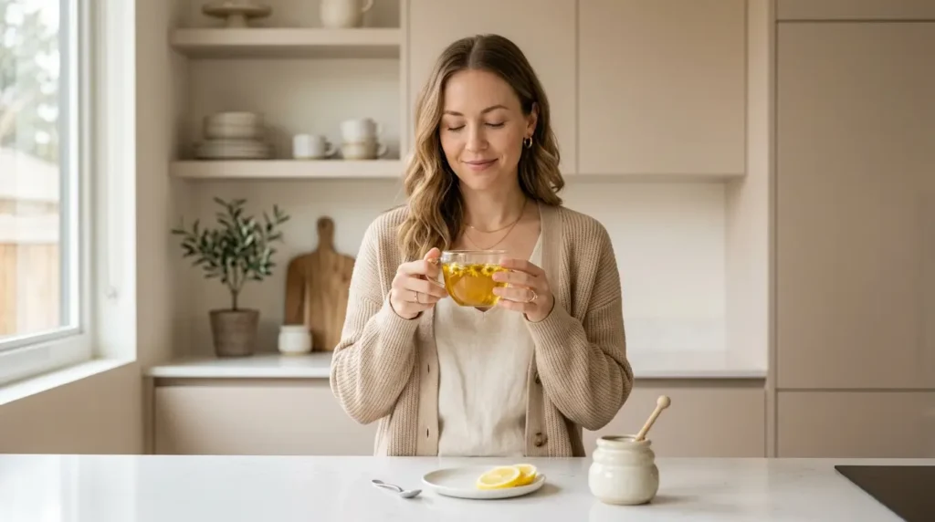 mujer tomando infusión de manzanilla para la digestión en cocina moderna